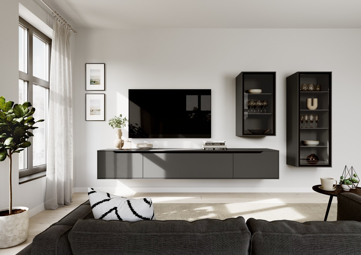 Wohnwand Glasfronten Wohnwand in Schiefergrau matt mit schwebendem Sideboard und zwei hohen Hängeschränken mit Glasfronten