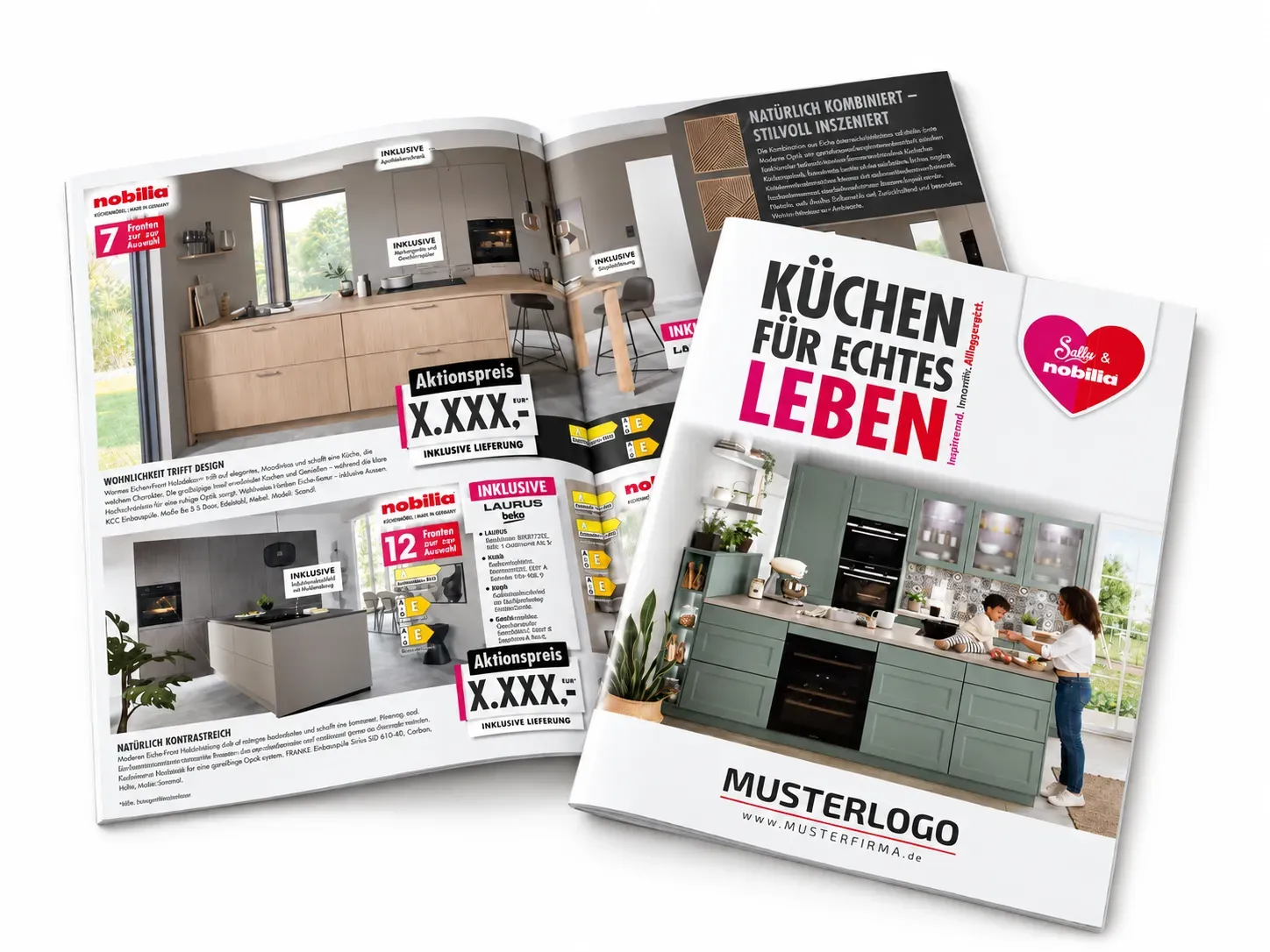 Aufgeschlagener nobilia-Prospekt „Küchen für echtes Leben“ mit Küchenangeboten und der Titelseite daneben